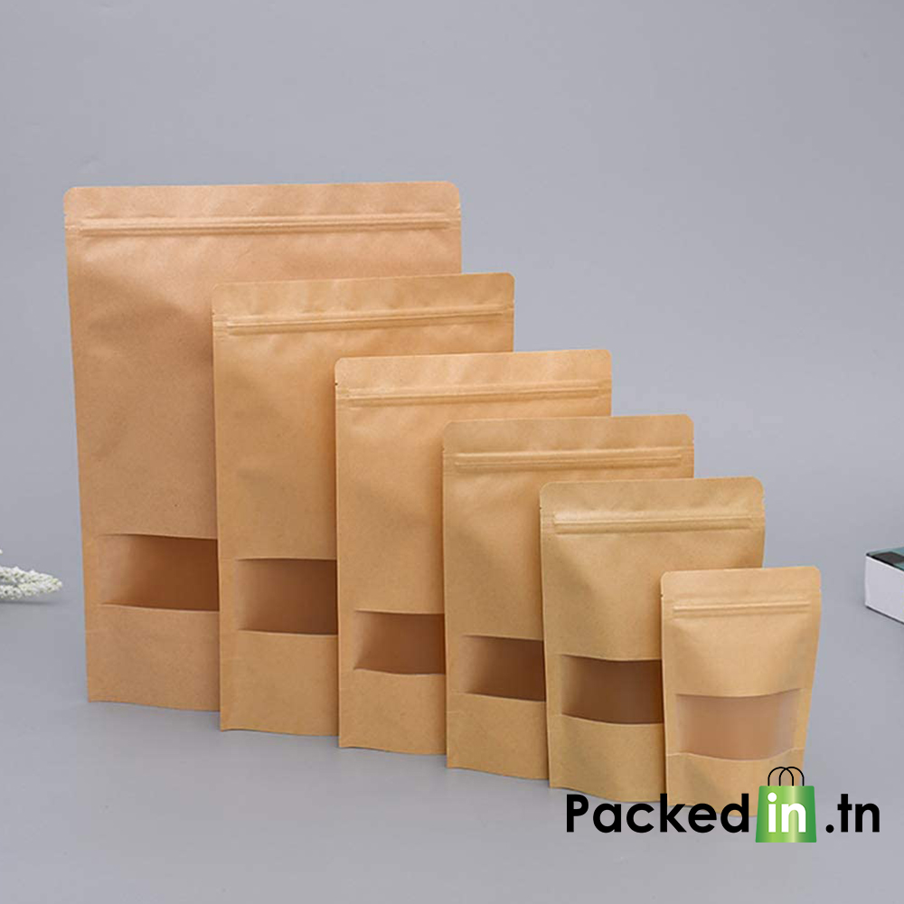 100pcs Sac en papier kraft avec fenêtre (14x20x5cm), pochette refermable  Stand Up, sacs en papier brun, emballage alimentaire en gros, imperméable  et