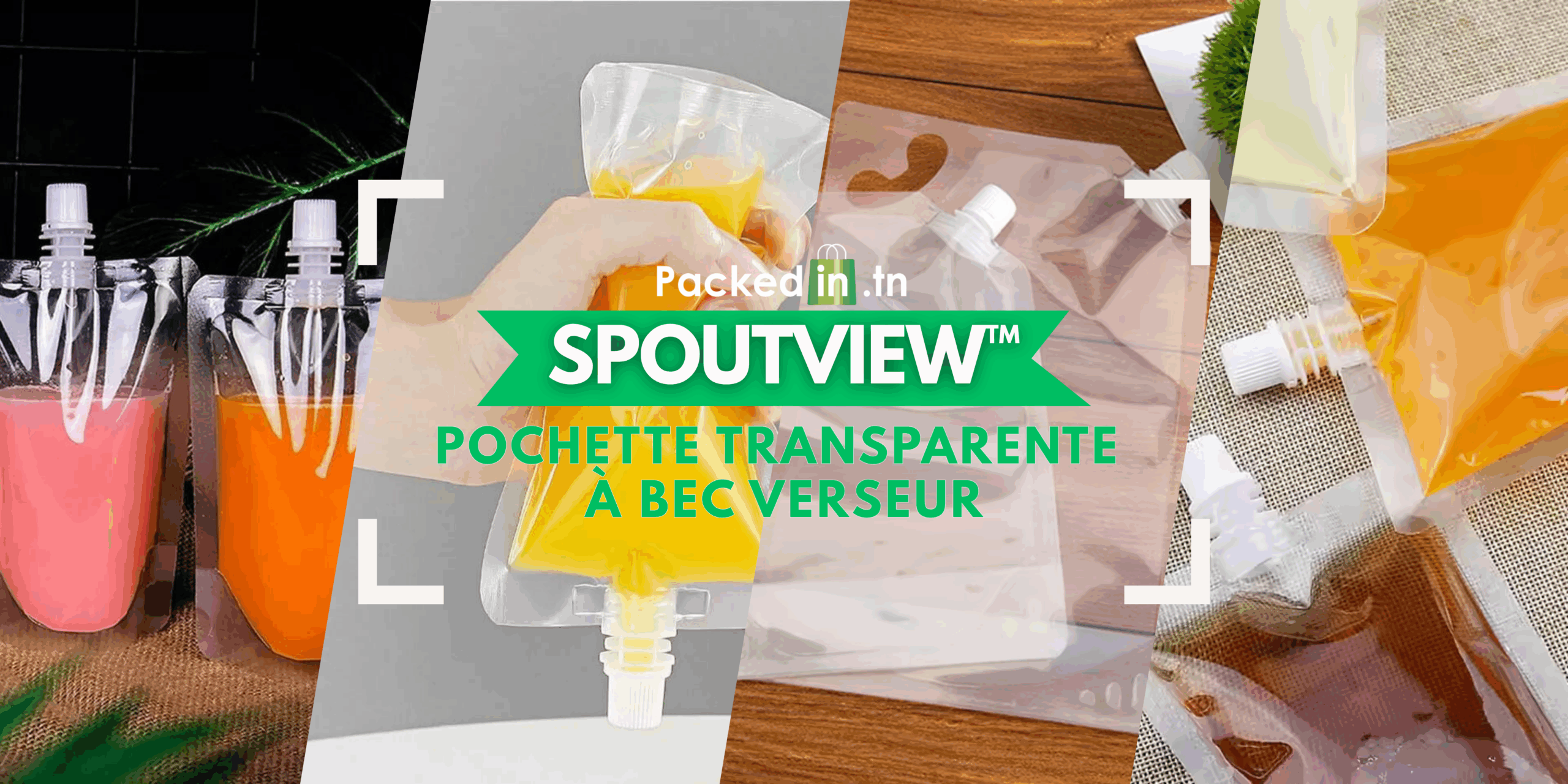 Pochette SpoutView transparente avec bec verseur pour liquides alimentaires comme jus, sauces ou huiles